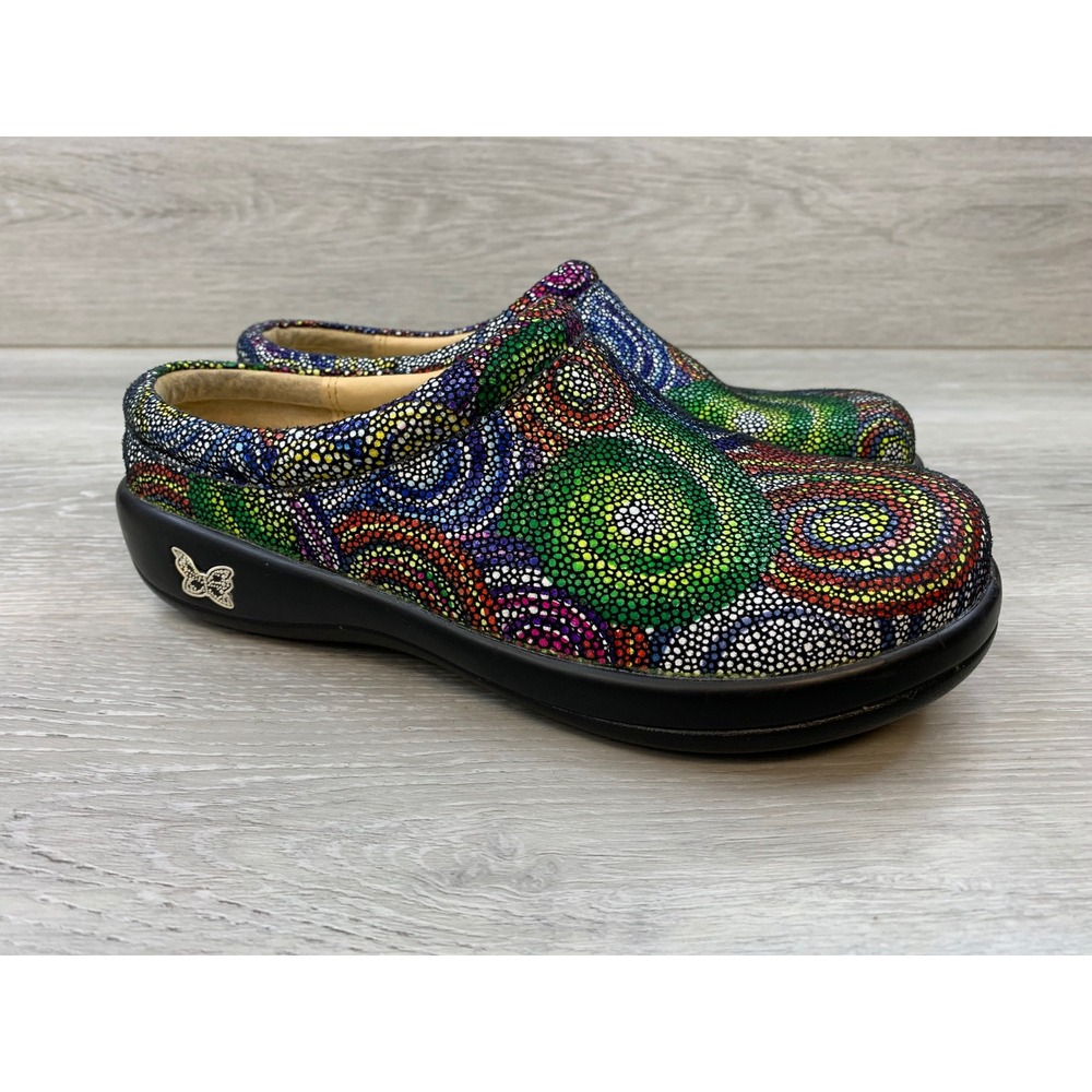 Alegria Kay Women's Multi Color Mosaic Dot Leather Clogs Mules Slip Resistant